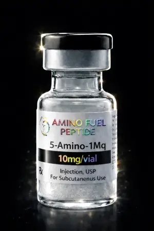 5-Amino-1MQ research peptide vial — lyophilized, 99%+ HPLC purity with lot-matched COA