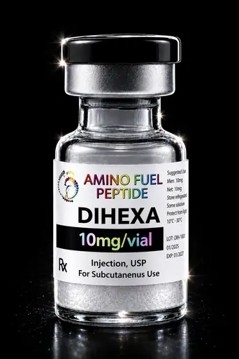 Dihexa 10mg research peptide vial — lyophilized, 99%+ HPLC purity with lot-matched COA