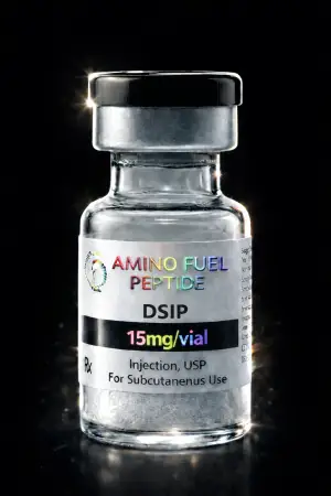 DSIP 15mg research peptide vial — lyophilized, 99%+ HPLC purity with lot-matched COA