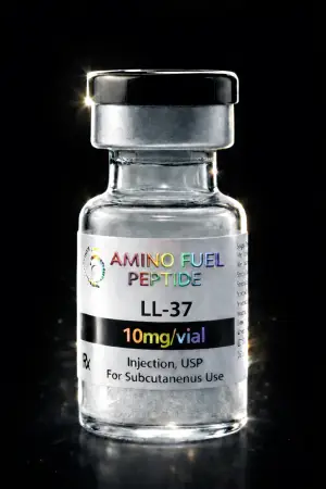 LL-37 10mg research peptide vial — lyophilized, 99%+ HPLC purity with lot-matched COA