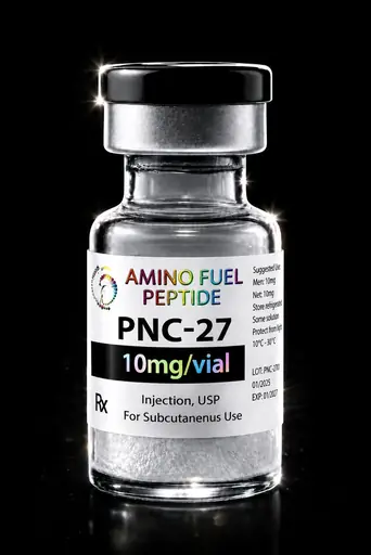 PNC-27 10mg research peptide vial — lyophilized, 99%+ HPLC purity with lot-matched COA