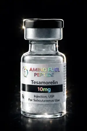 Tesamorelin 10mg research peptide vial — lyophilized, 99%+ HPLC purity with lot-matched COA
