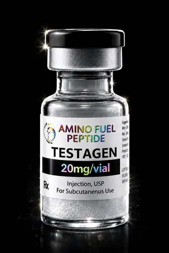Testagen 20mg research peptide vial — lyophilized, 99%+ HPLC purity with lot-matched COA