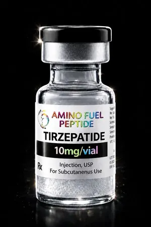Tirzepatide research peptide vial — lyophilized, 99%+ HPLC purity with lot-matched COA