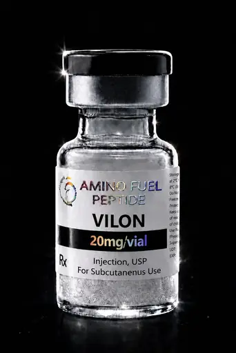 Vilon 20mg research peptide vial — lyophilized, 99%+ HPLC purity with lot-matched COA